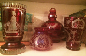 A collection of etched cranberry glass I've bought over the years. 