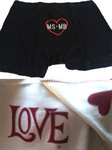 Boxers with our initials and our "love" blanket