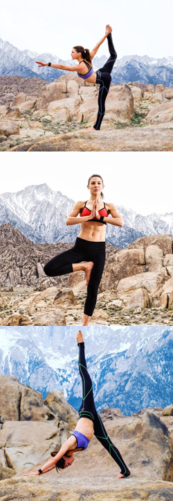 actress Kate Mansi demonstrates several yoga poses with a mountain in the background